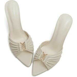 Women's Cream Faux Leather High Heels with Pointed Peep Toe Heeled Sandals